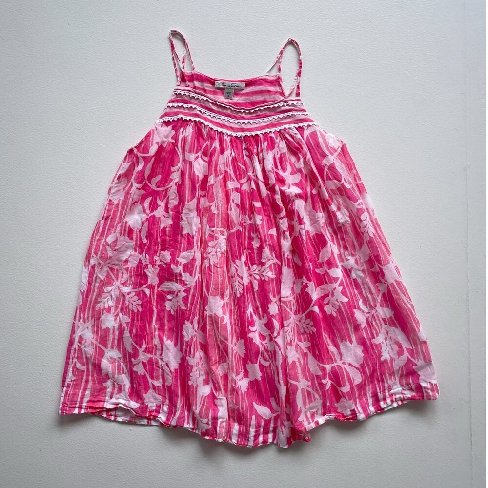 Oscar De La Renta Girls Pink Floral Gauzy Cotton Sleeveless Sun Dress / Medium